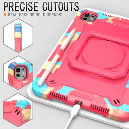 For iPad Pro 11 2025 / 2024 Handle Grip Holder Silicone Hybrid PC Tablet ... (Camouflage Rose Red)