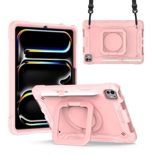 For iPad Pro 11 2025 / 2024 Handle Grip Holder Silicone Hybrid PC Tablet Case with ... (Rose Gold)