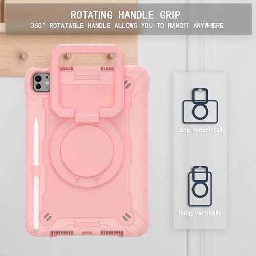 For iPad Pro 11 2025 / 2024 Handle Grip Holder Silicone Hybrid PC Tablet Case with ... (Rose Gold)