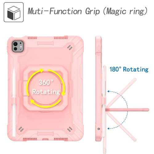 For iPad Pro 11 2025 / 2024 Handle Grip Holder Silicone Hybrid PC Tablet Case with ... (Rose Gold)