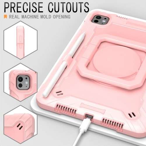 For iPad Pro 11 2025 / 2024 Handle Grip Holder Silicone Hybrid PC Tablet Case with ... (Rose Gold)