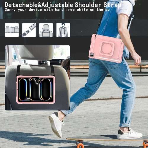 For iPad Pro 11 2025 / 2024 Handle Grip Holder Silicone Hybrid PC Tablet Case with ... (Rose Gold)