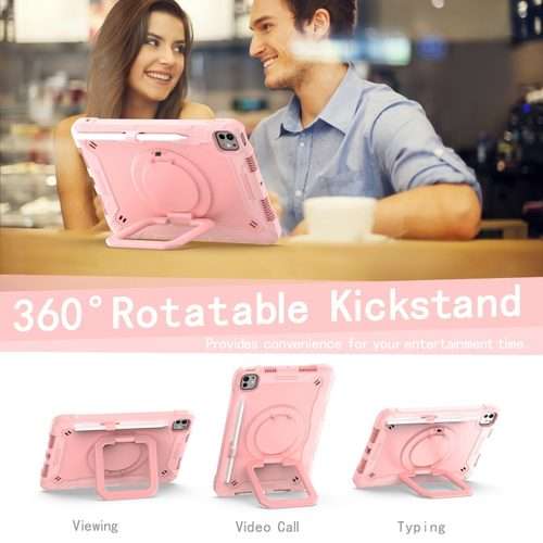 For iPad Pro 11 2025 / 2024 Handle Grip Holder Silicone Hybrid PC Tablet Case with ... (Rose Gold)
