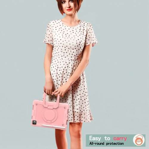 For iPad Pro 11 2025 / 2024 Handle Grip Holder Silicone Hybrid PC Tablet Case with ... (Rose Gold)