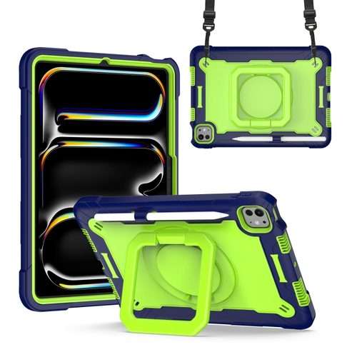 For iPad Pro 11 2025 / 2024 Handle Grip Holder Silicone Hybrid PC Tablet C ... (Navy Yellow Green)