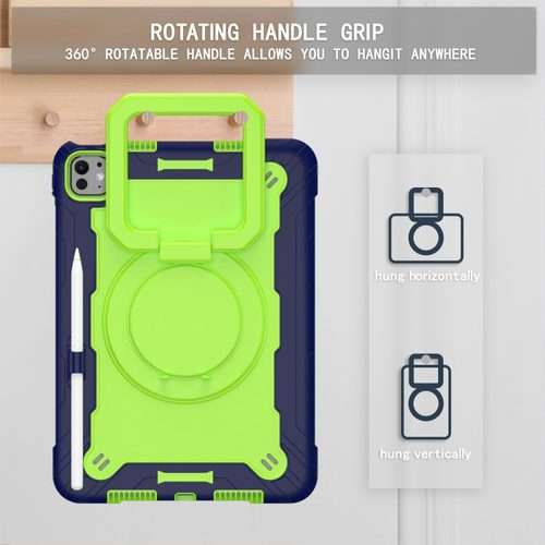 For iPad Pro 11 2025 / 2024 Handle Grip Holder Silicone Hybrid PC Tablet C ... (Navy Yellow Green)