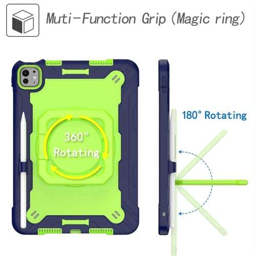 For iPad Pro 11 2025 / 2024 Handle Grip Holder Silicone Hybrid PC Tablet C ... (Navy Yellow Green)