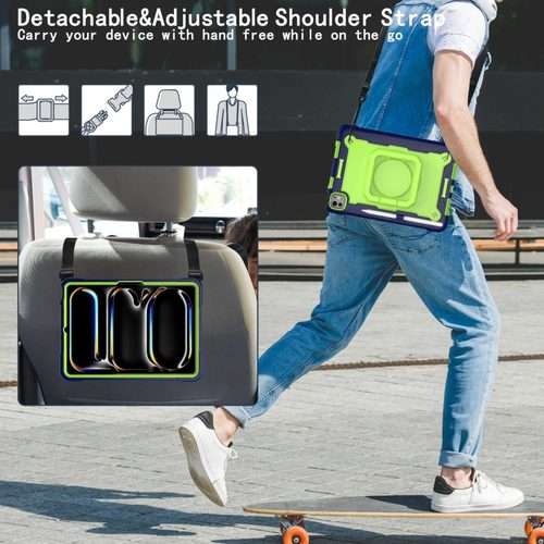 For iPad Pro 11 2025 / 2024 Handle Grip Holder Silicone Hybrid PC Tablet C ... (Navy Yellow Green)