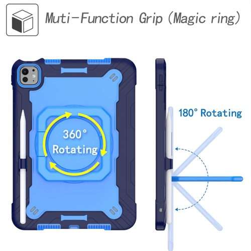 For iPad Pro 11 2025 / 2024 Handle Grip Holder Silicone Hybrid PC Tablet Case ... (Navy Blue Blue)