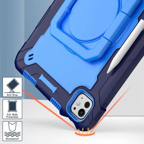 For iPad Pro 11 2025 / 2024 Handle Grip Holder Silicone Hybrid PC Tablet Case ... (Navy Blue Blue)