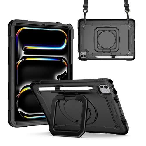 For iPad Pro 11 2025 / 2024 Handle Grip Holder Silicone Hybrid PC Tablet Case with Strap(Black)