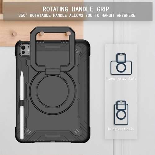 For iPad Pro 11 2025 / 2024 Handle Grip Holder Silicone Hybrid PC Tablet Case with Strap(Black)