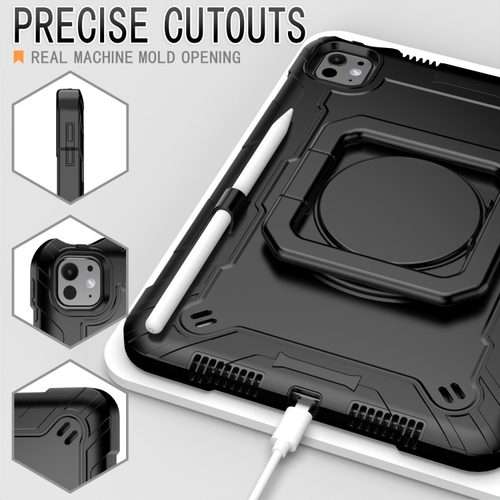 For iPad Pro 11 2025 / 2024 Handle Grip Holder Silicone Hybrid PC Tablet Case with Strap(Black)