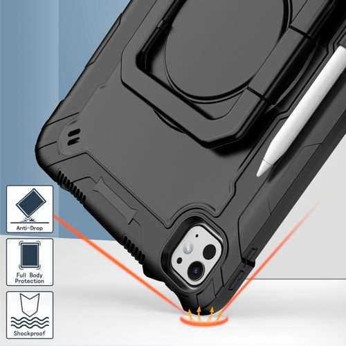 For iPad Pro 11 2025 / 2024 Handle Grip Holder Silicone Hybrid PC Tablet Case with Strap(Black)