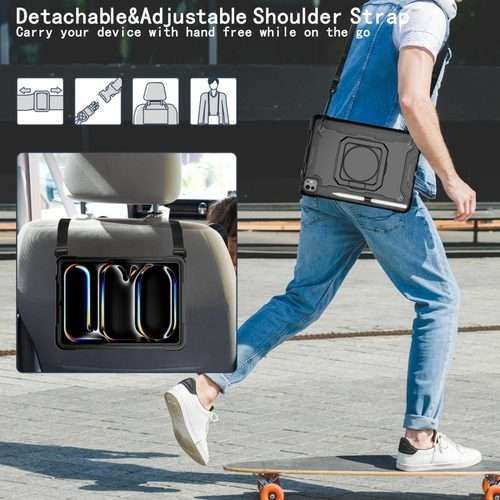 For iPad Pro 11 2025 / 2024 Handle Grip Holder Silicone Hybrid PC Tablet Case with Strap(Black)
