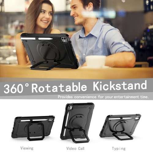 For iPad Pro 11 2025 / 2024 Handle Grip Holder Silicone Hybrid PC Tablet Case with Strap(Black)