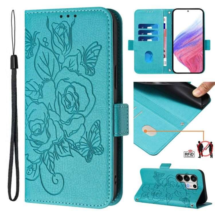 For Tecno Camon 50 Pro 4G Embossed Rose RFID Anti-theft Leather Phone Case(Light Blue)