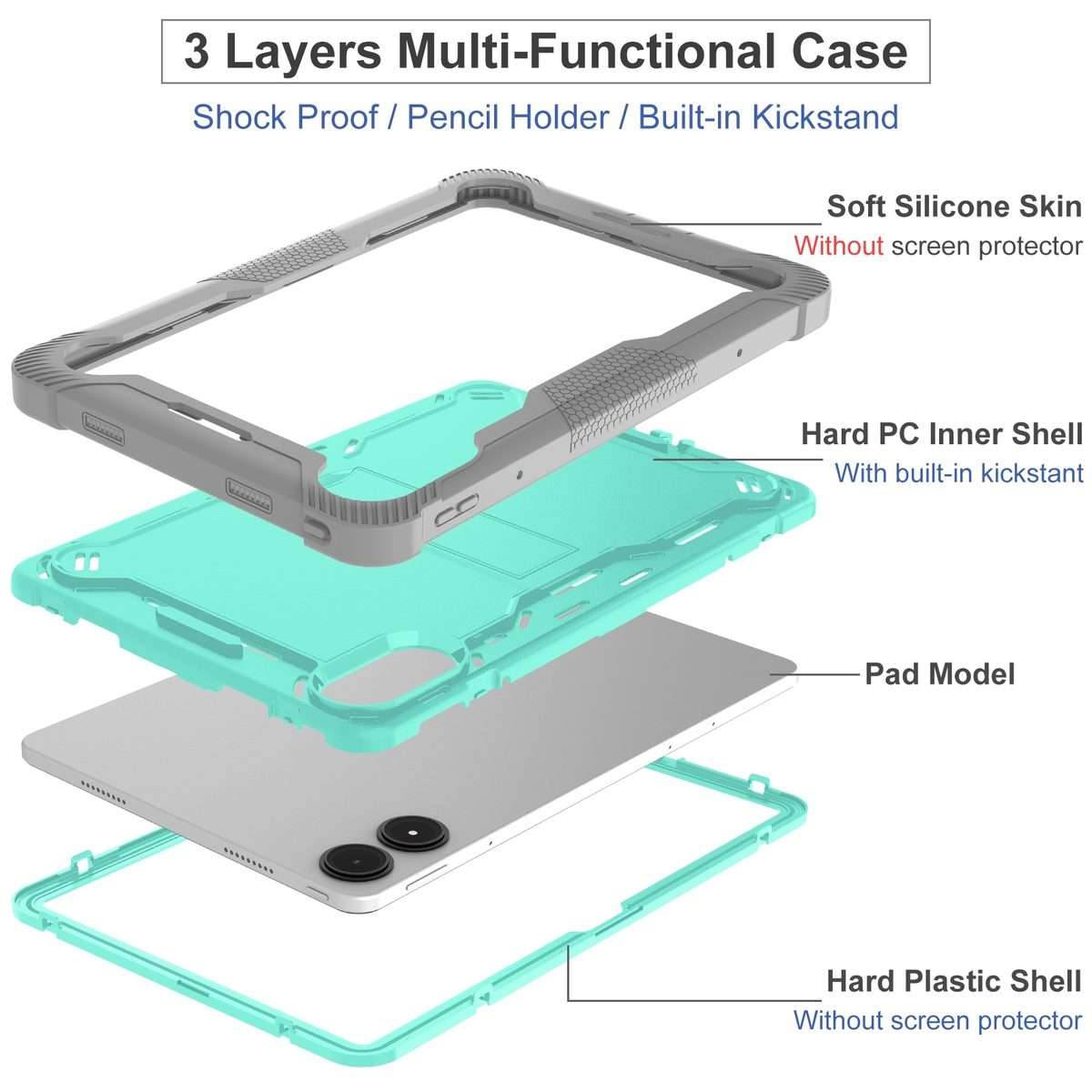 For Xiaomi Redmi Pad Pro 12.1 Shockproof Silicone Hybrid PC Tablet Case wi ... (Mint Green + Grey)