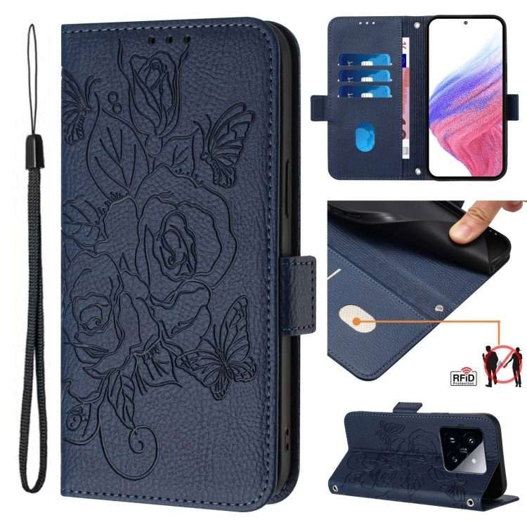 For Xiaomi 14 Pro 5G Embossed Rose RFID Anti-theft Leather Phone Case(Dark Blue)