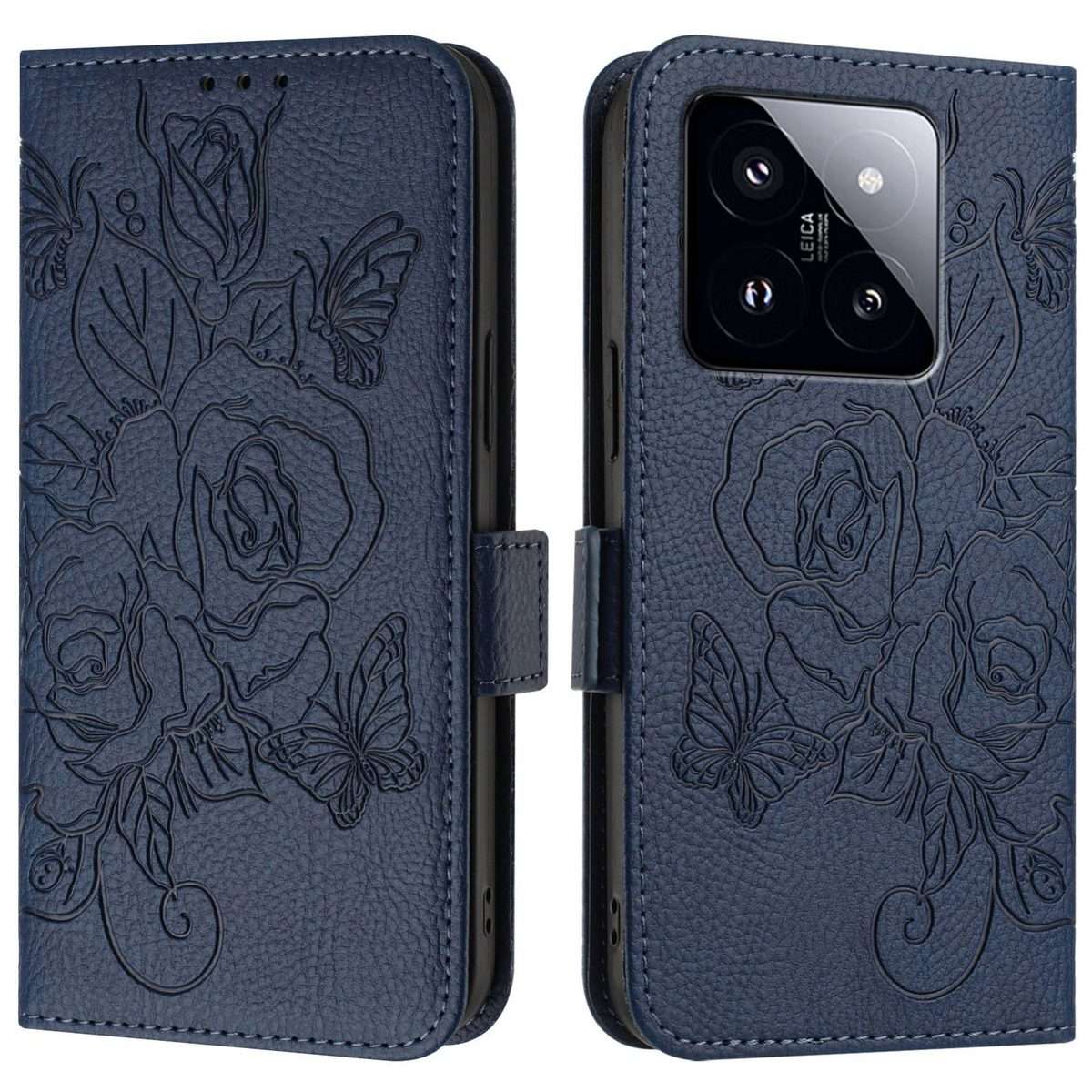 For Xiaomi 14 Pro 5G Embossed Rose RFID Anti-theft Leather Phone Case(Dark Blue)