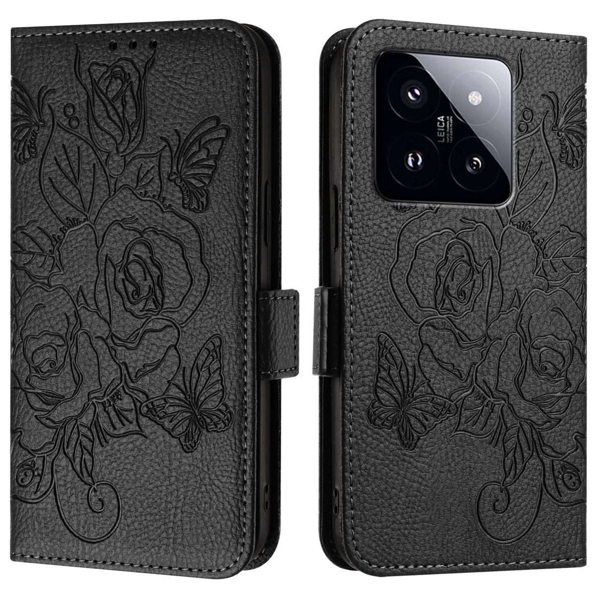 For Xiaomi 14 Pro 5G Embossed Rose RFID Anti-theft Leather Phone Case(Black)
