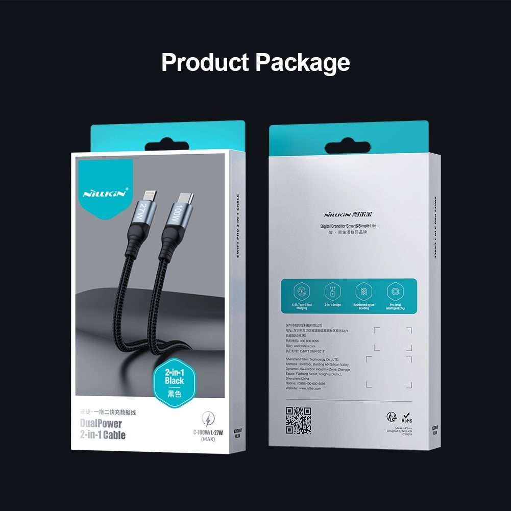 NILLKIN PD3.0 100W/27W USB-C / Type-C to USB-C / Type-C + 8 Pin Dual Power Fast Charging Data Cabl