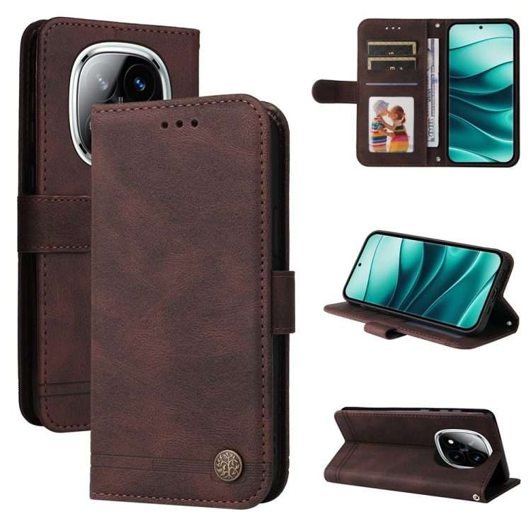 For Redmi Note 14 Pro 5G / Note 14 Pro+ 5G Skin Feel Life Tree Metal Button Leather Ph ... (Brown)