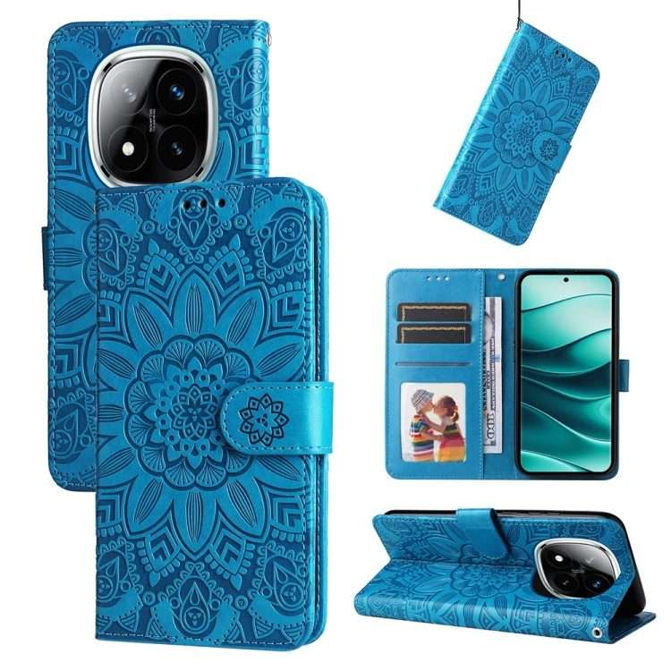 For Redmi Note 14 Pro 5G / Note 14 Pro+ 5G Embossed Sunflower Leather Phone Case(Blue)