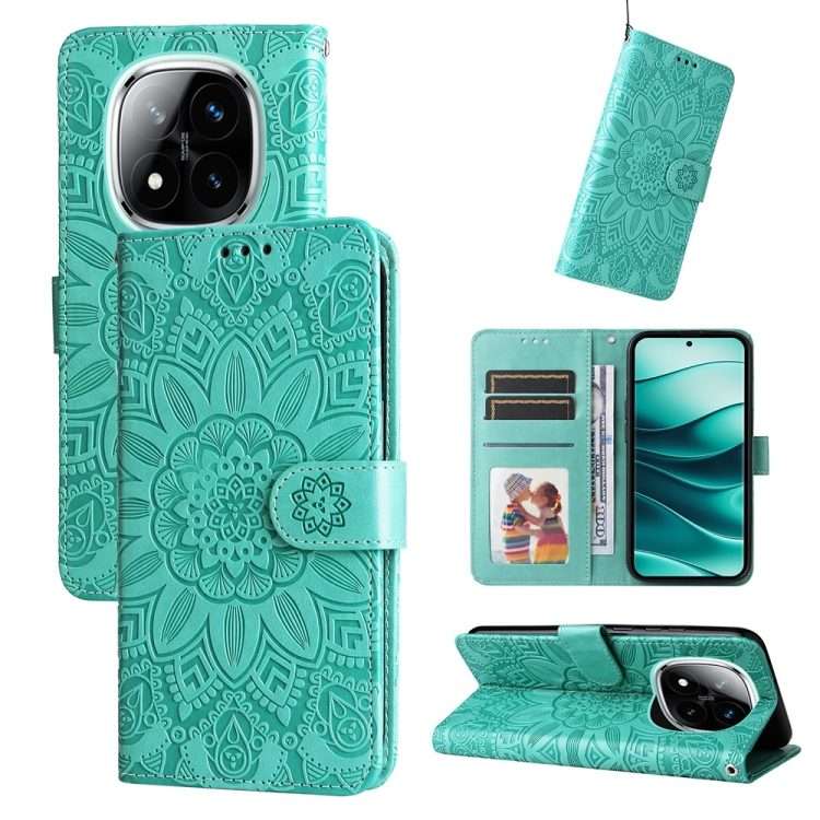 For Redmi Note 14 Pro 5G / Note 14 Pro+ 5G Embossed Sunflower Leather Phone Case(Green)