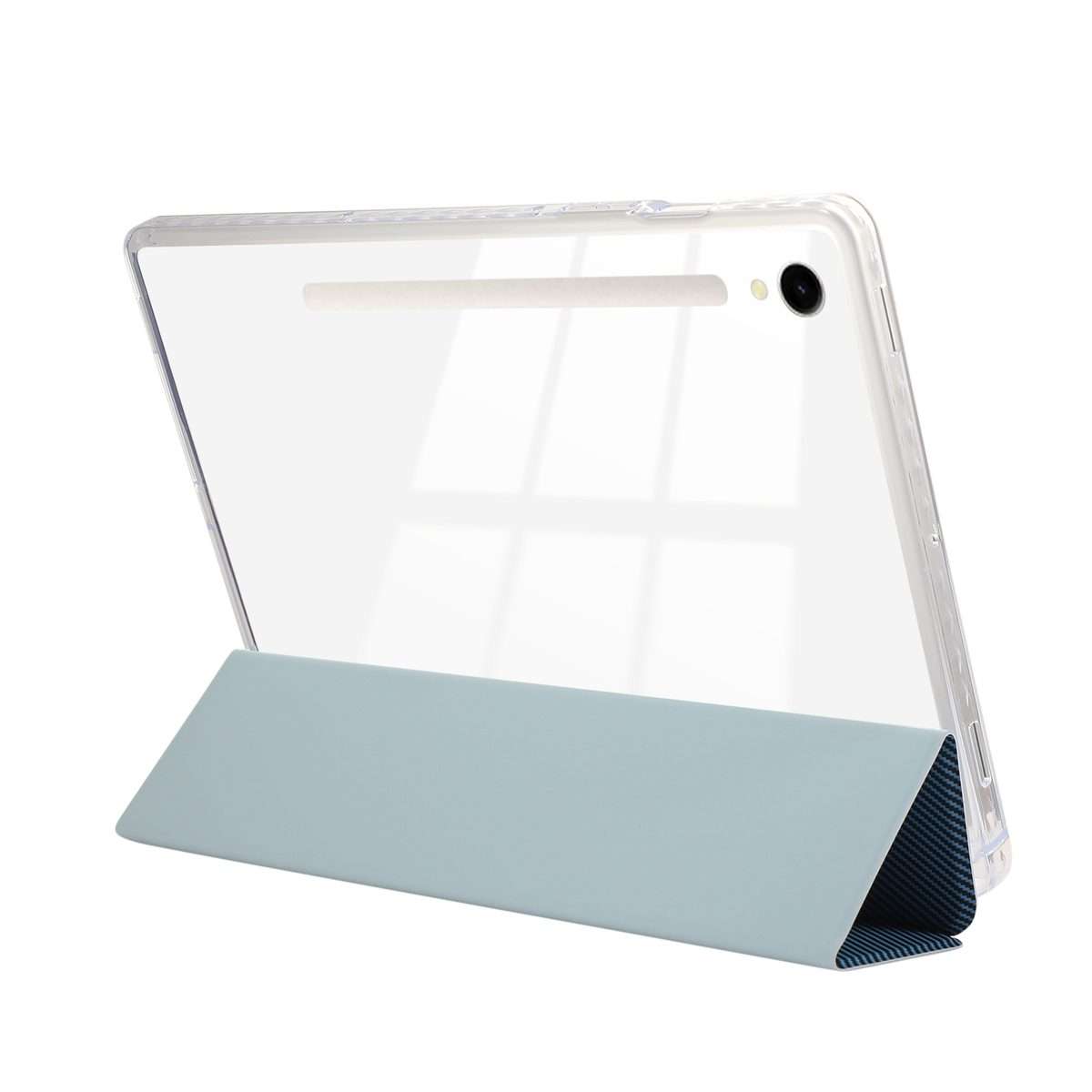 For Samsung Galaxy Tab S9 / S9 FE Carbon Fiber Clear Acrylic 3-Fold Leather Tablet Case(Blue)