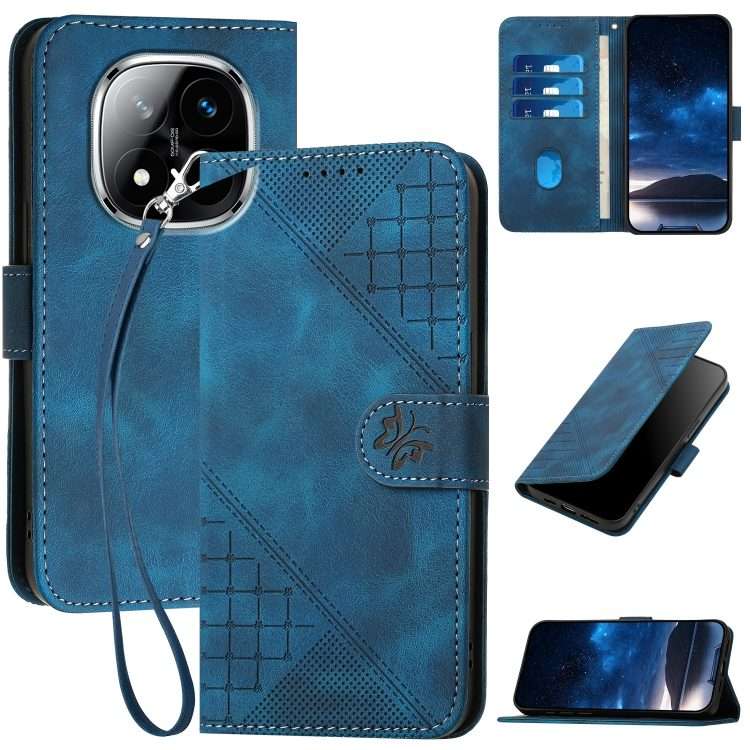 For Redmi Note 14 Pro+ 5G Grid Butterfly Embossed Pattern Leather Phone Case with ... (Dark Blue)