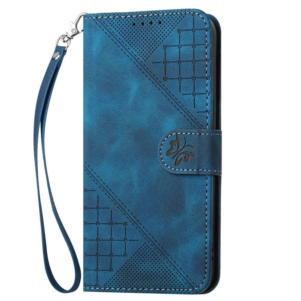 For Redmi Note 14 Pro+ 5G Grid Butterfly Embossed Pattern Leather Phone Case with ... (Dark Blue)