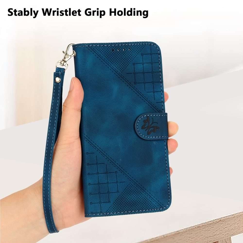 For Redmi Note 14 Pro+ 5G Grid Butterfly Embossed Pattern Leather Phone Case with ... (Dark Blue)