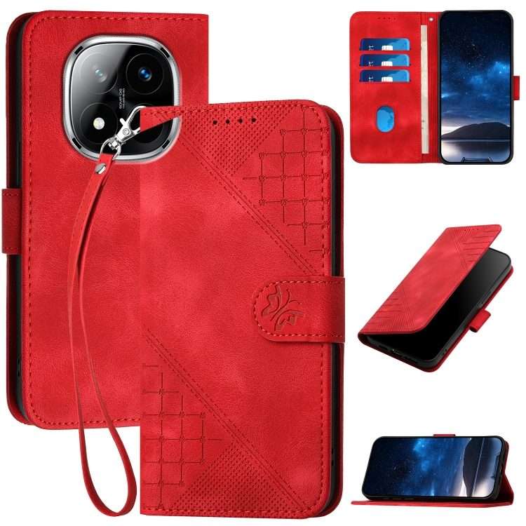 For Redmi Note 14 Pro+ 5G Grid Butterfly Embossed Pattern Leather Phone Case with Lanyard(Red)