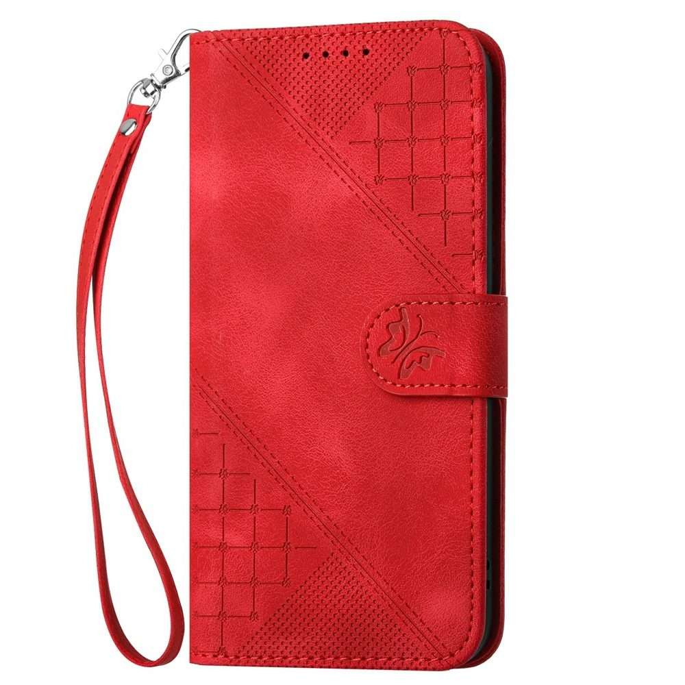 For Redmi Note 14 Pro+ 5G Grid Butterfly Embossed Pattern Leather Phone Case with Lanyard(Red)