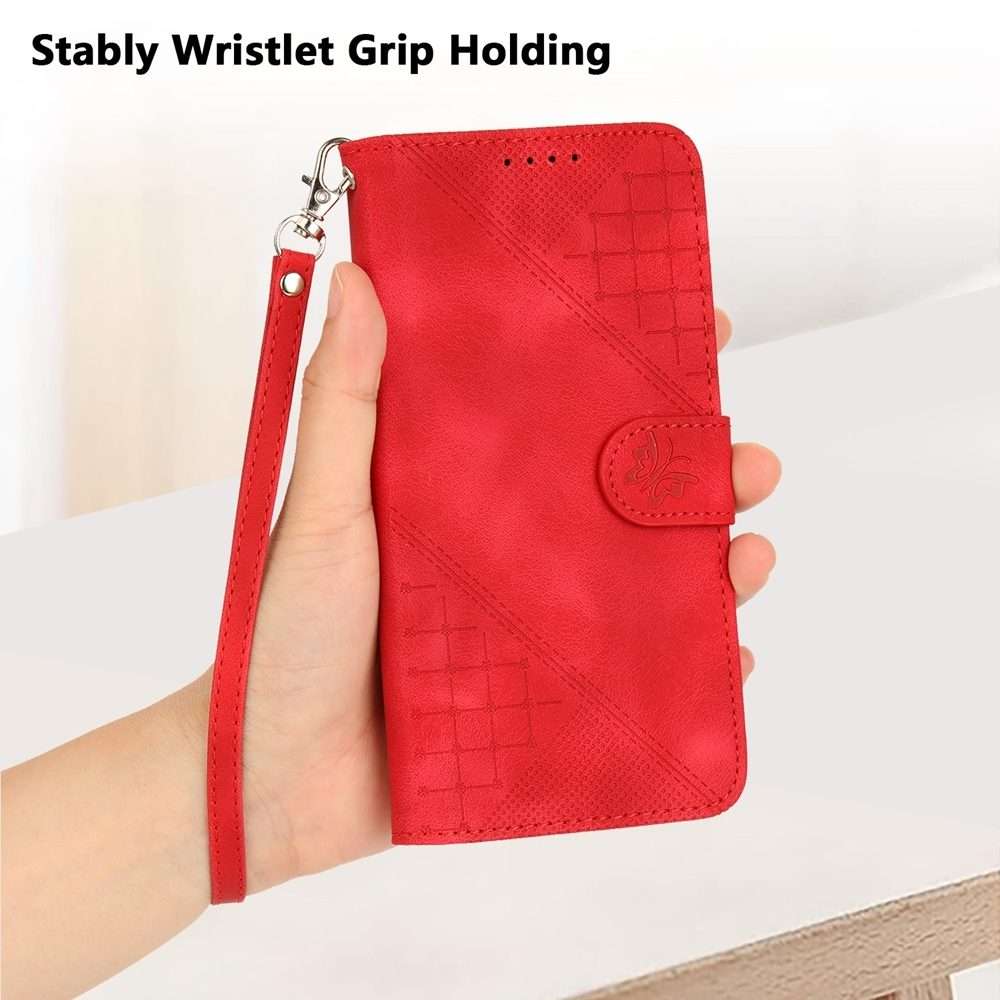 For Redmi Note 14 Pro+ 5G Grid Butterfly Embossed Pattern Leather Phone Case with Lanyard(Red)