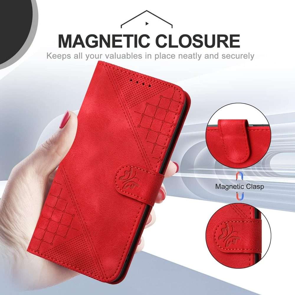 For Redmi Note 14 Pro+ 5G Grid Butterfly Embossed Pattern Leather Phone Case with Lanyard(Red)