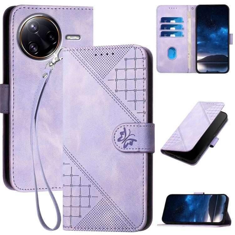 For Redmi K80 Pro / Poco F7 Ultra Grid Butterfly Embossed Pattern Leather Phone ... (Light Purple)