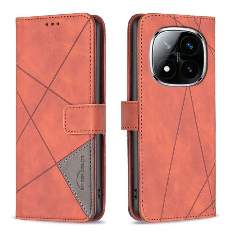 For Redmi Note 14 Pro 5G / Note 14 Pro+ 5G Magnetic Buckle Rhombus Texture Leather Pho ... (Brown)
