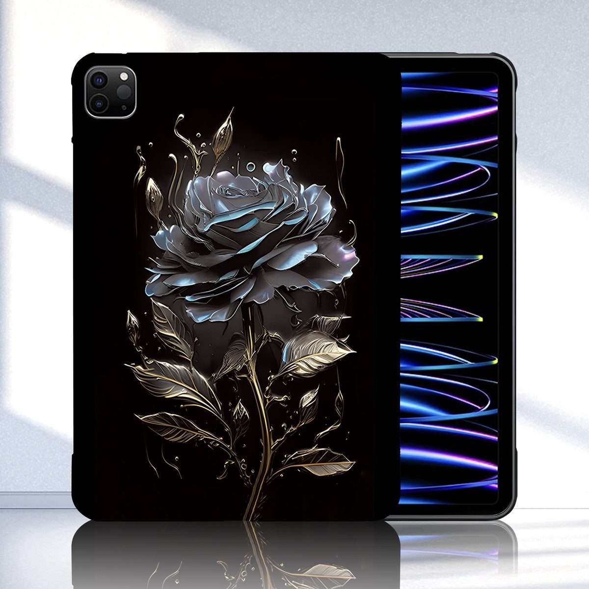 For iPad Pro 12.9 2022 / 2021 / 2020 Color Painting Pattern Smart Tablet TPU Case(Black Rose)