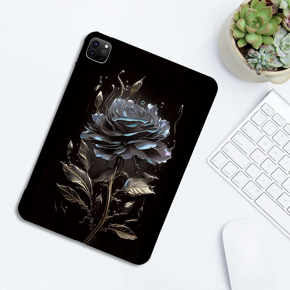 For iPad Pro 12.9 2022 / 2021 / 2020 Color Painting Pattern Smart Tablet TPU Case(Black Rose)