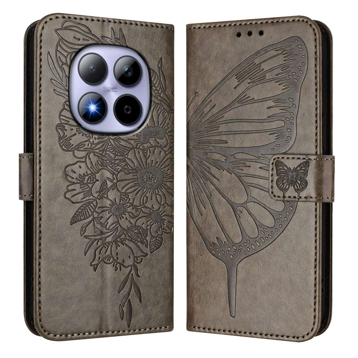 For Redmi Note 15 Pro 5G Global 163.6mm Embossed Butterfly Leather Phone Case(Grey)