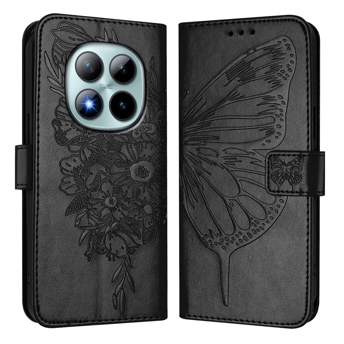 For Redmi Note 15 Pro+ 5G Global 163.3mm Embossed Butterfly Leather Phone Case(Black)
