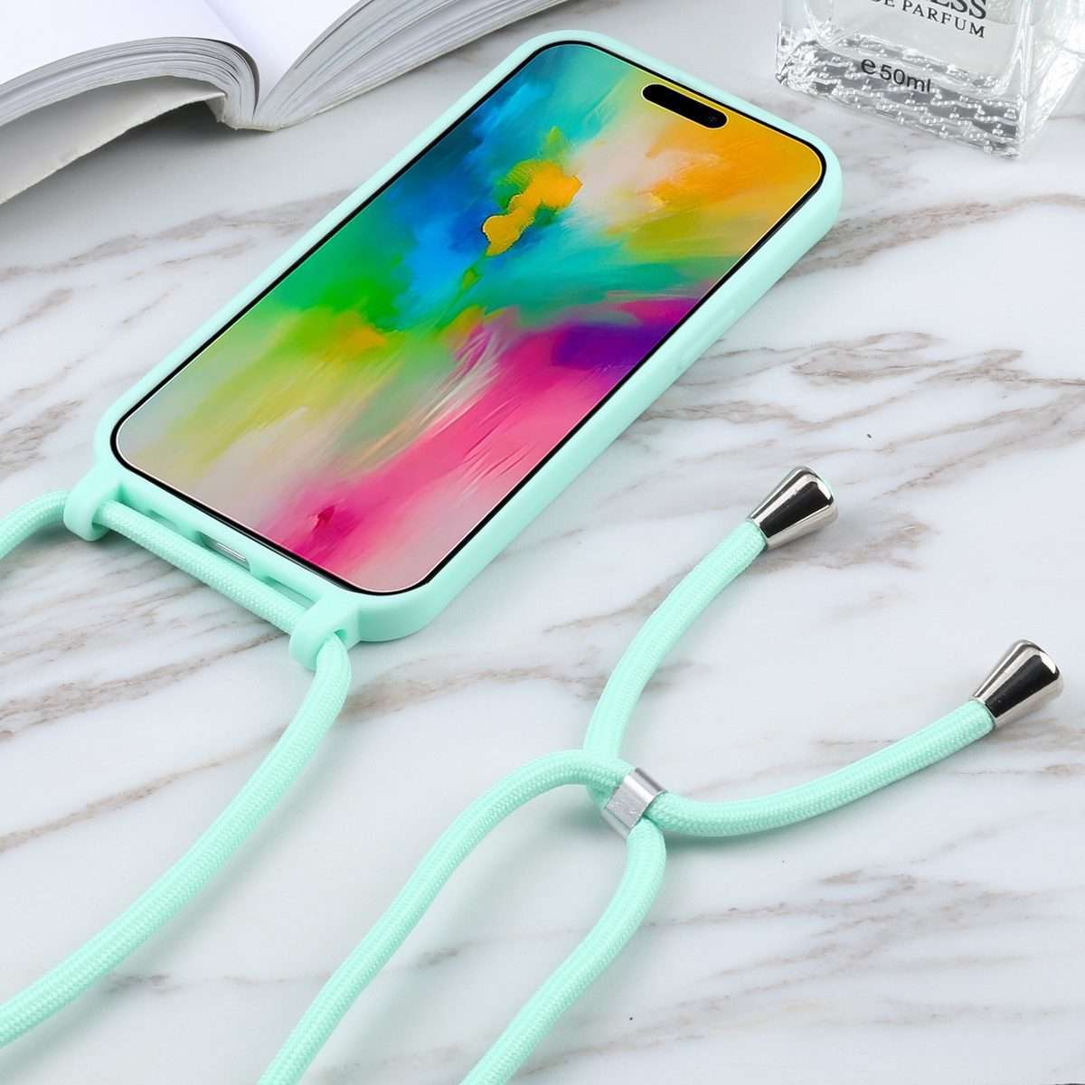 Candy Colors TPU Protective Phone Case with Lanyard For iPhone 16 Pro Max(Mint Green)