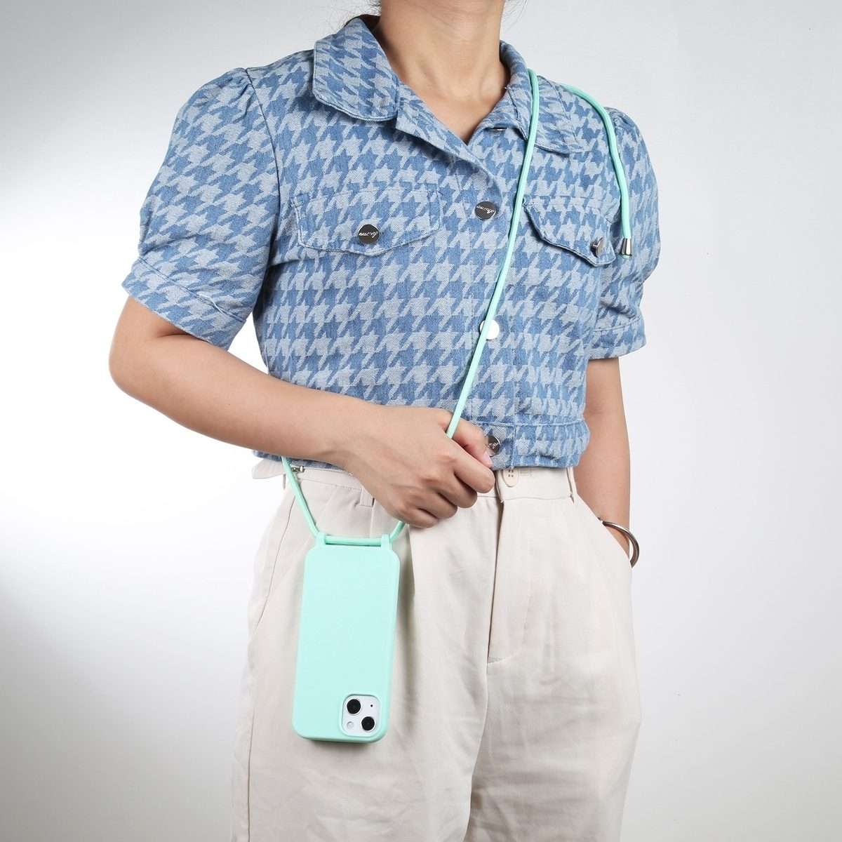Candy Colors TPU Protective Phone Case with Lanyard For iPhone 16 Pro Max(Mint Green)