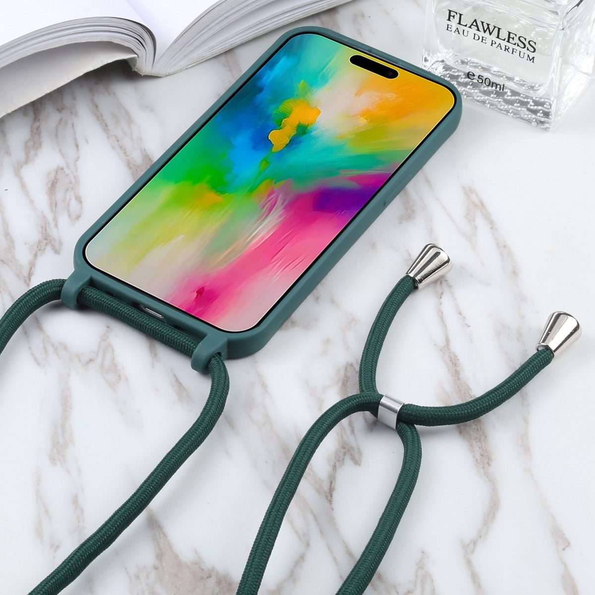 Candy Colors TPU Protective Phone Case with Lanyard For iPhone 16 Pro Max(Dark Green)