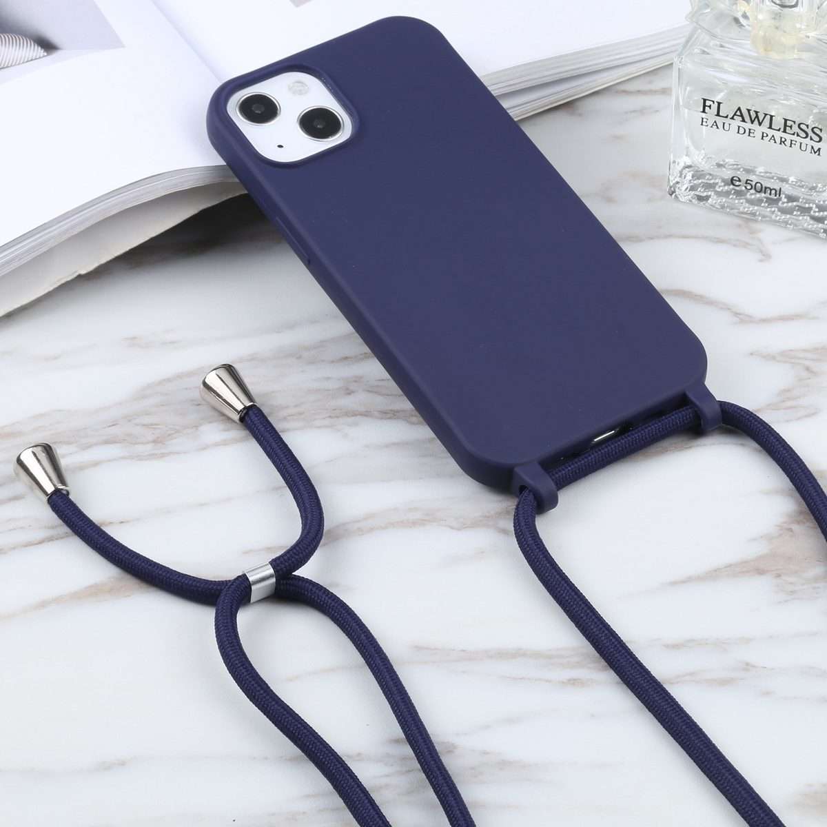 Candy Colors TPU Protective Phone Case with Lanyard For iPhone 16 Pro Max(Dark Blue)