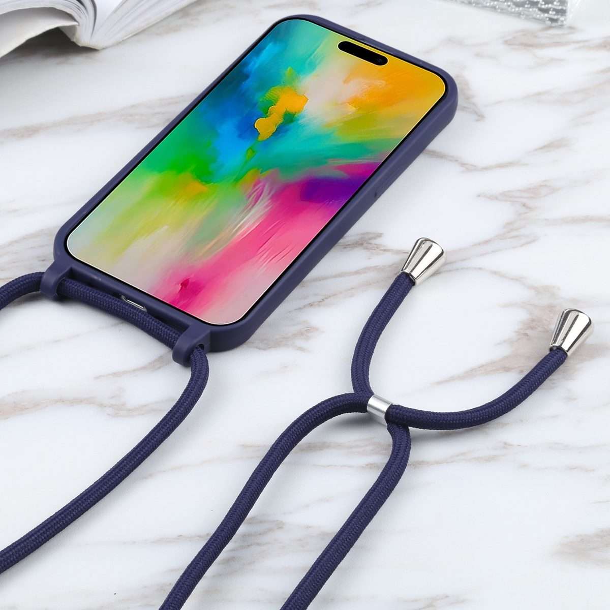 Candy Colors TPU Protective Phone Case with Lanyard For iPhone 16 Pro Max(Dark Blue)