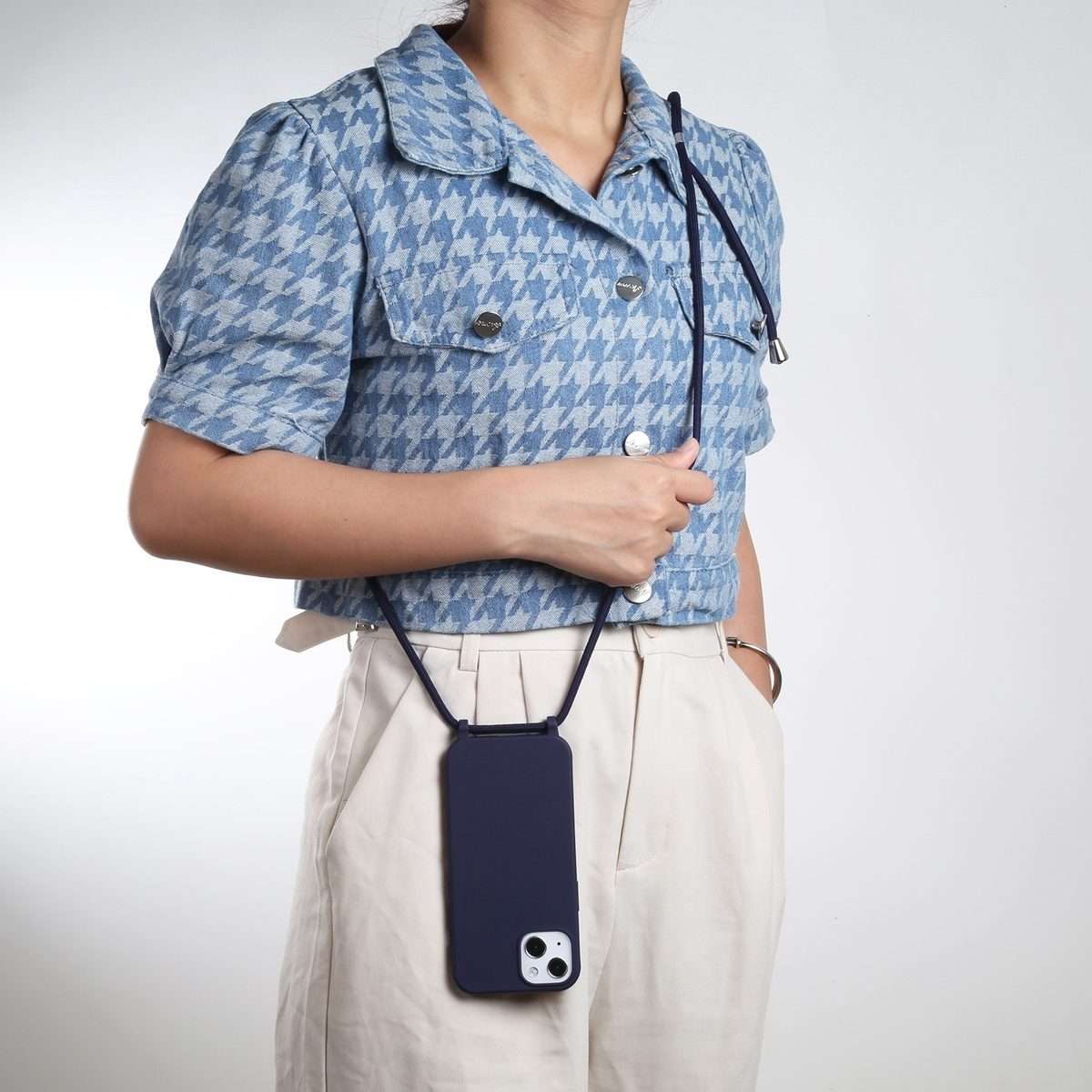 Candy Colors TPU Protective Phone Case with Lanyard For iPhone 16 Pro Max(Dark Blue)
