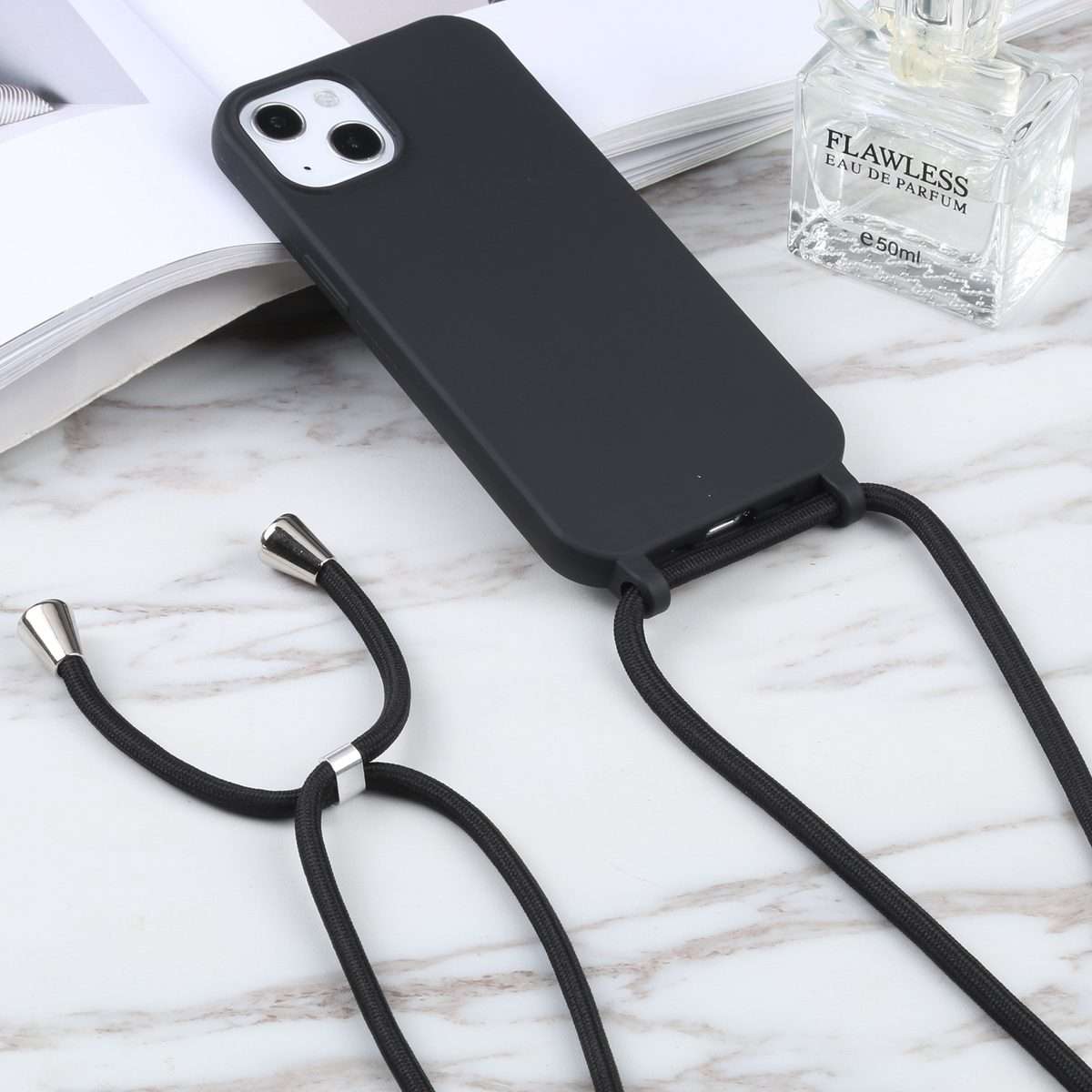 Candy Colors TPU Protective Phone Case with Lanyard For iPhone 16 Pro Max(Black)